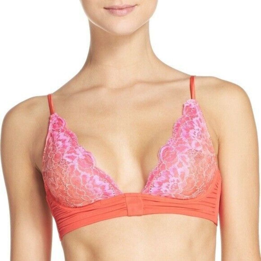 Free People Women's Lace Chiffon Underwire Unlined Bra Pink Orange 34D
